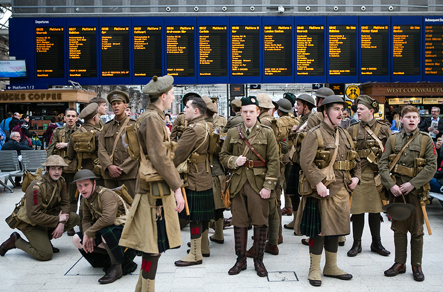 Actors portraying First World War soldiers as part of Jeremy Deller's 'we're here because we're here', Glasgow, 2016.