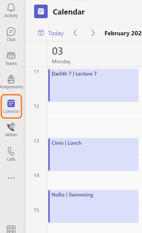 Screenshot of MS Teams calendar showing how it can be used to plan your days