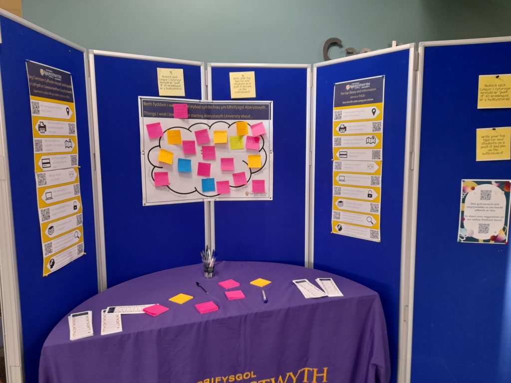 Table and display board with post-it-notes stuck to it.