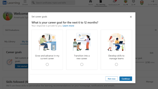 Screenshot showing the Career Goal function and the questions asked