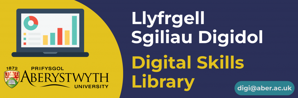 Yellow and Blue banner with laptop, AU logo, and the text Digital Skills Library