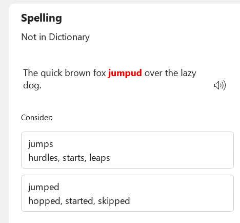 The error "jumpud" is highlighted, and "jumps" or "Jumped" are suggested instead.