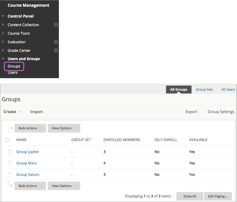 Picture showing Groups under the menu item groups