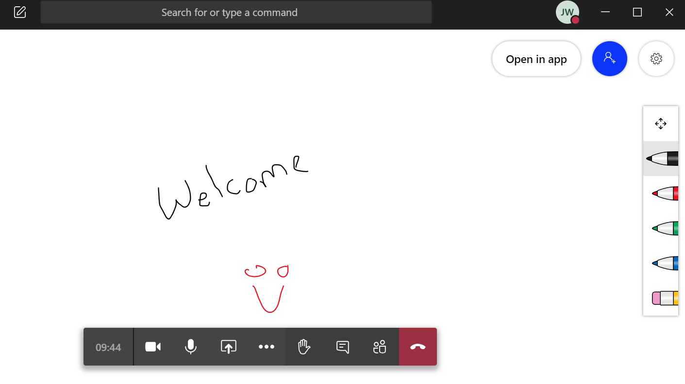 General image of the whiteboard open in the Team app. Includes the free hand options down the right hand side of the screen. 