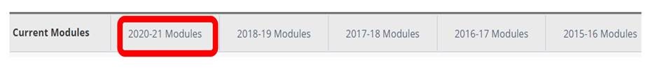 Module menu showing 2020-21 modules highlighted (second tab from the left)