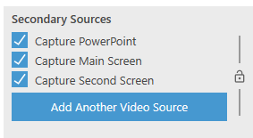 Screen grab from Panopto with the secondary sources selected for recording two screens. Includes: Capture PowerPoint Capture Main Screen Capture Second Screen All checked.