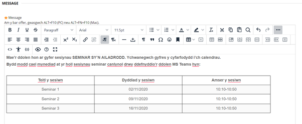 Tabl yn dangos pa sesiynau sy'n gysylltiedig a'r ddolen Teams