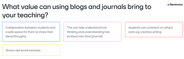What value can using blogs and journals bring to your teaching? Collaboration between students, a safe space for them to share, help students to understand how their understanding has changed over time, show real world examples.