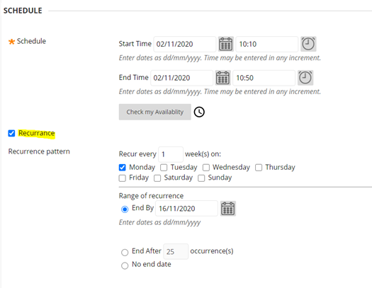 Screenshot showing the options available in the new recurring meetings feature.