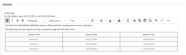 Table demonstrating which sessions can be accessed through the Teams link