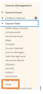 A screenshot showing where you can find the Tasks tool under the course management