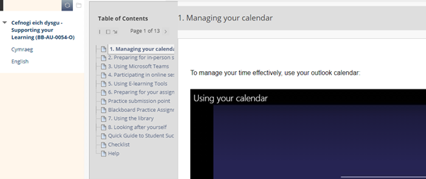 Supporting your Learning module has a menu on the left hand side that you can navigate the different pages from