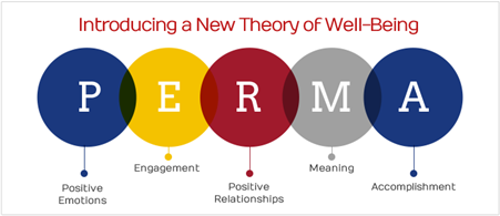 PERMA model: P - positive emotions, E- engagement, R - Relationships, M- meaning, A- accomplishment