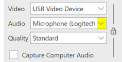 Screen Grab of Panopto Settings

This image shows the Panopto settings. The second option is Audio which is highlighted with a dropdown menu. This arrow needs to be clicked to choose a different microphone. 