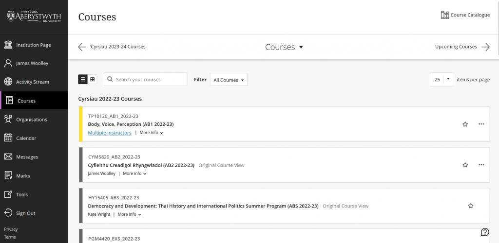 Landing page of Blackboard Ultra Base Navigation showing Courses with Ultra Base Navigation Menu down the left hand side