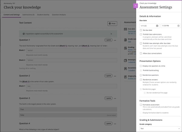 Settings panel with assignment-specific options removed