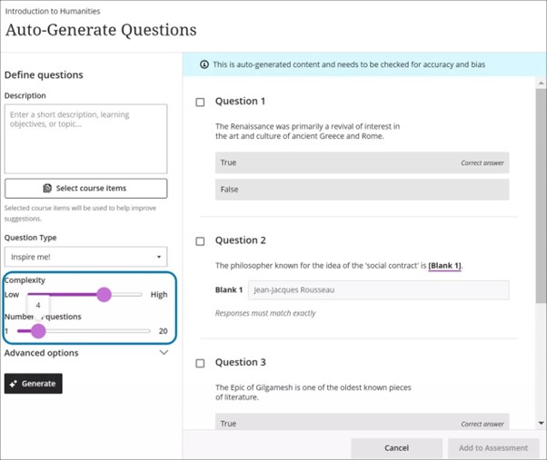 Screenshot of the Auto-Generate Questions page displays a new maximum number of questions of 20.