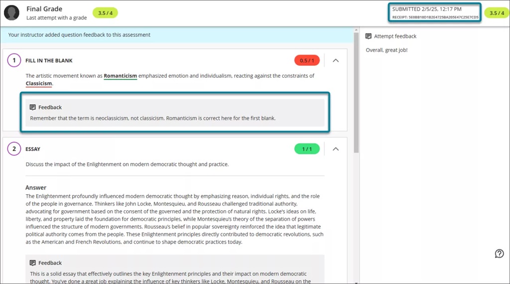 The student view of the graded test submission includes a submission timestamp, submission receipt, and feedback for individual questions.