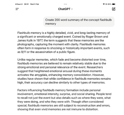 Chat GPT summary of the prompt: Create 200 word summary of the concept flashbulb memory