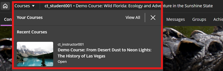Courses button highlighted showing dropdown to recently accessed courses