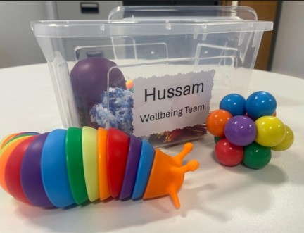Detholiad o eitemau synhwyraidd mewn lliwiau cynradd / A selection of sensory items in primary colours.