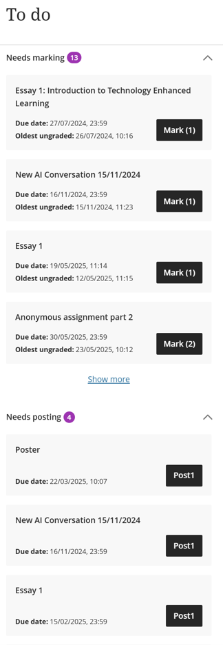 screenshot of the to do menu item which is showing needs marking and needs posting options