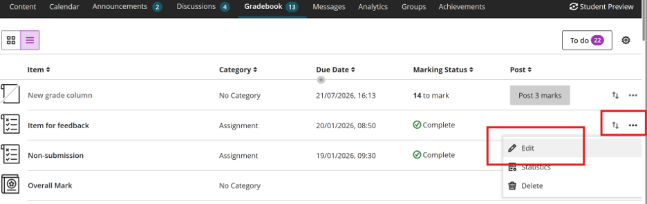 screenshot of how to edit a column being the list view