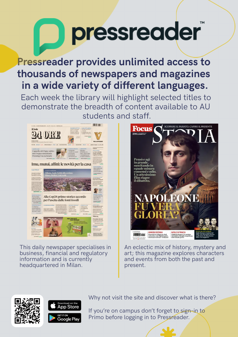 Pressreader recommendations poster in English for Italian publications