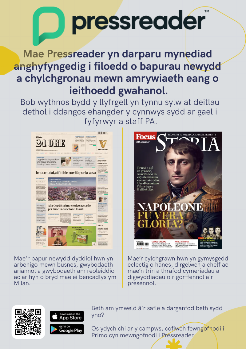 Pressreader recommendations poster in Welsh for Italian publications