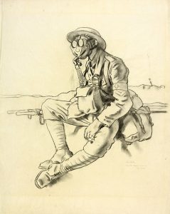 Image is a drawing of a stretcher bearer wearing a WW1 gas mask