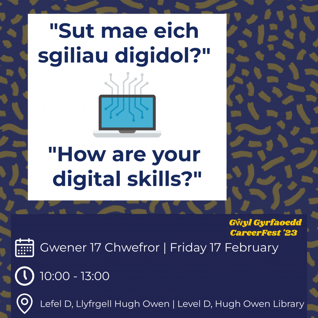 Promotional poster with text: How are your digital skills? Friday 17 February, 10:00-13:00 at Level D of the Hugh Owen Library