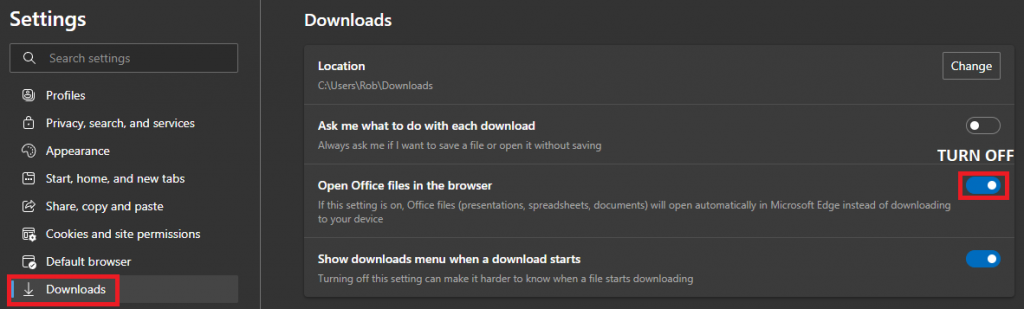 An image of the settings under downloads