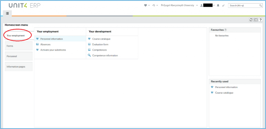 Screenshot of ABW with Your employment highlighted