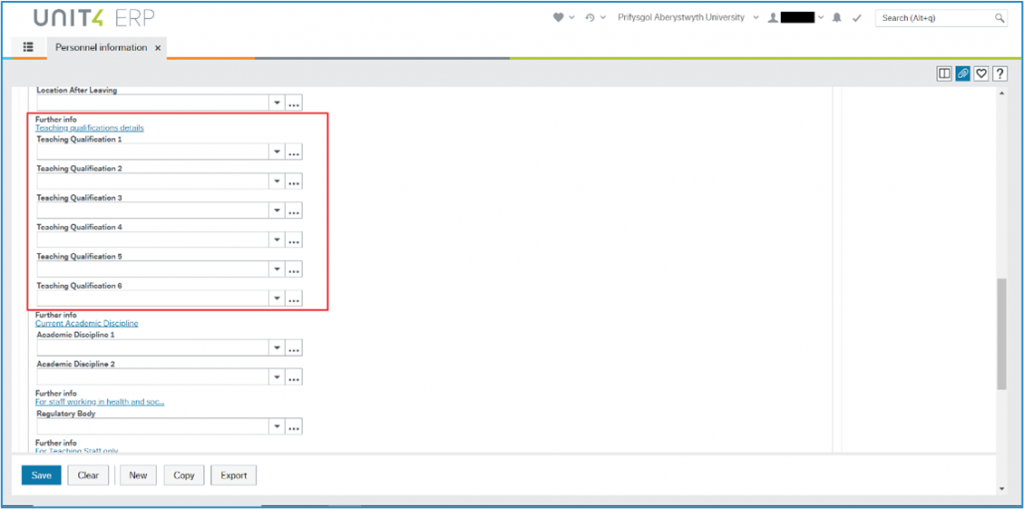 Screenshot of ABW with Teaching Qualification boxes highlighted