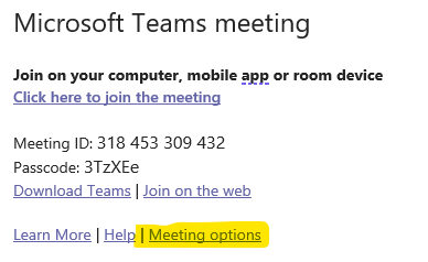 Cyfarfod Microsoft Teams gyda Dewisiadau’r Cyfarfod wedi'i amlygu / Microsoft Teams meeting with Meeting options highlighted