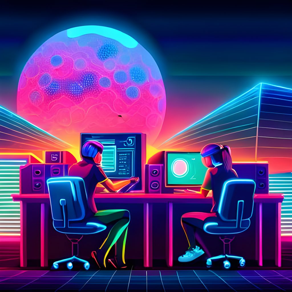 Futuristic image of students sitting at desks working on computers. The image was generated by Mary Jacoob using artificial intelligence on the NightCafe Studio website.