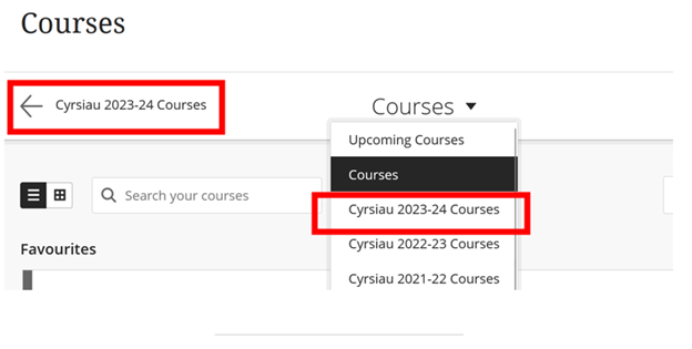 Alt-text: Courses menu with Cyrsiau 2023-24 Courses highlighted