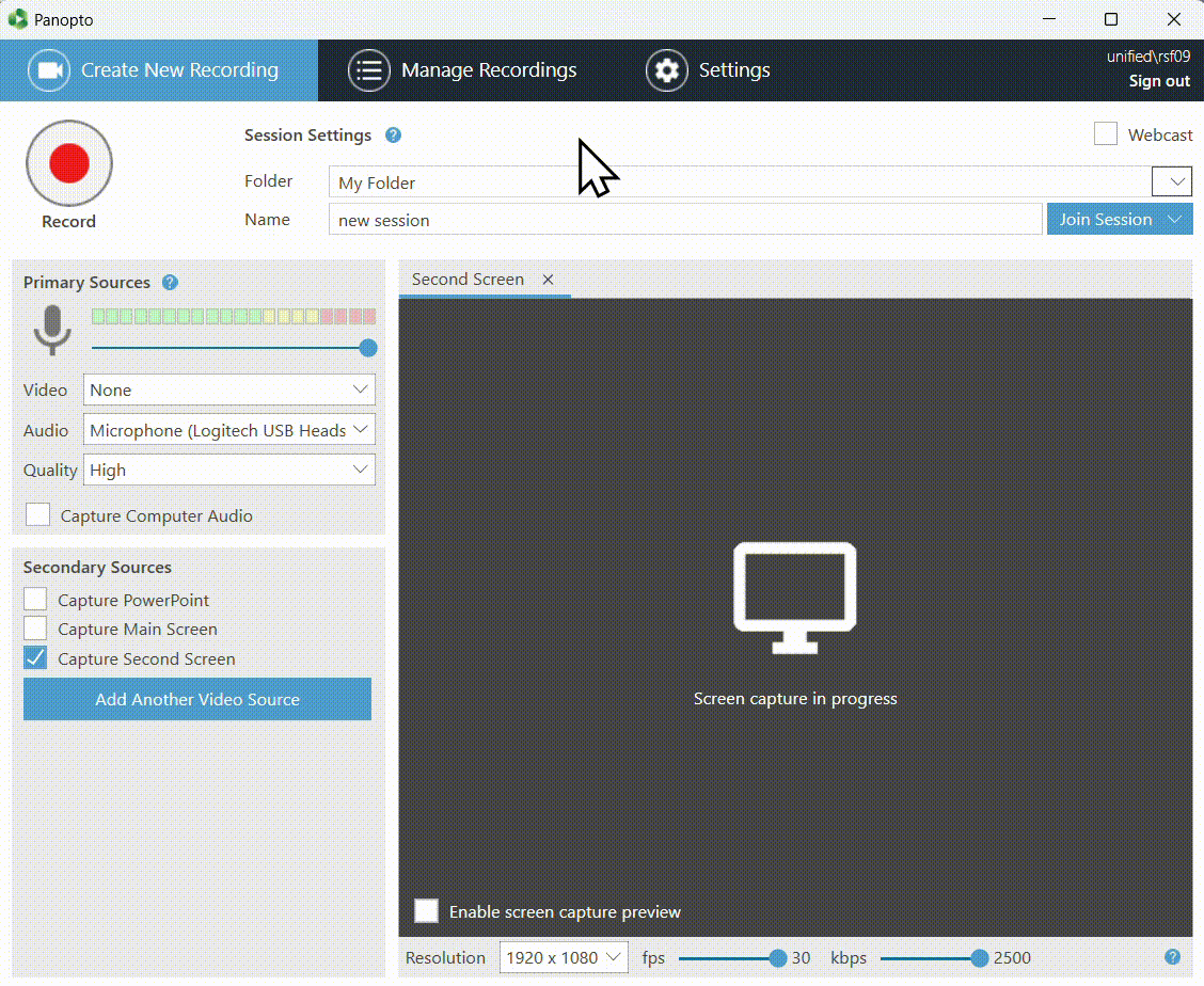 An animated gif of accessing a Panopto folder using the search function in the Panopto Recorder.