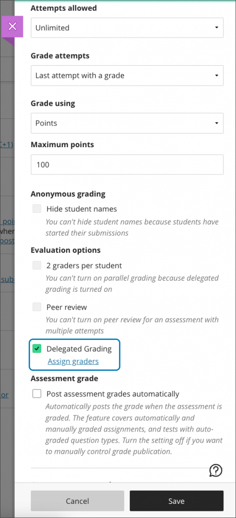 A screenshot of the assignment settings. Delegrated Grading is highlighted.