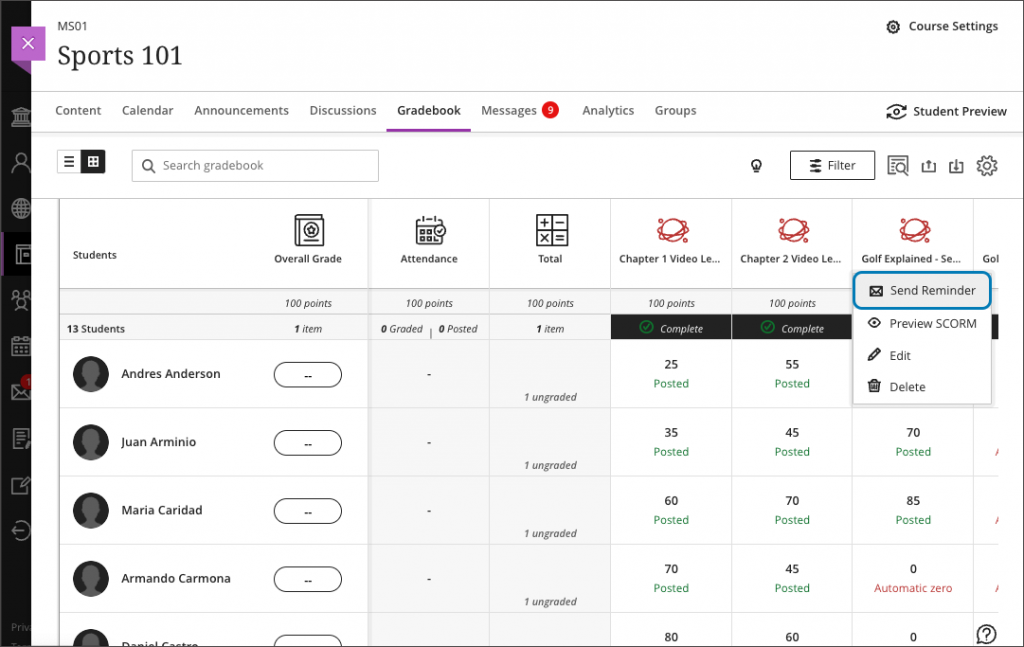 A screenshot of the Gradebook in grid view. Send reminder is highlighted.