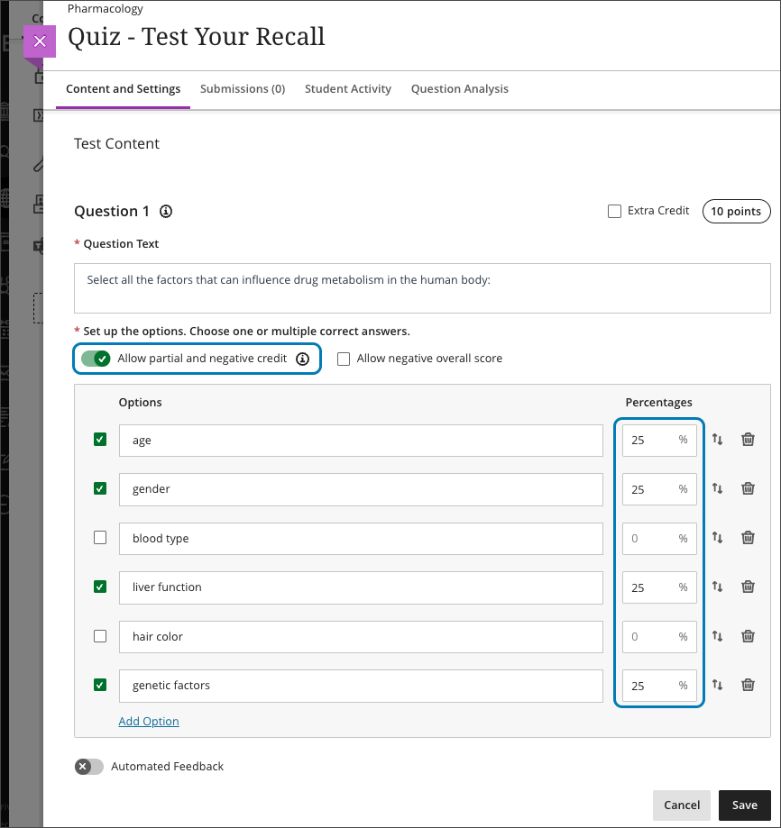 A screenshot of creating a multiple choice question. Allow partial and negative credit highlighted. Percentages highlighted.