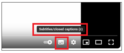 Sgrinlun o reolyddion fideo YouTube gyda’r eicon Subtitles/Closed Captions wedi’i amlygu.