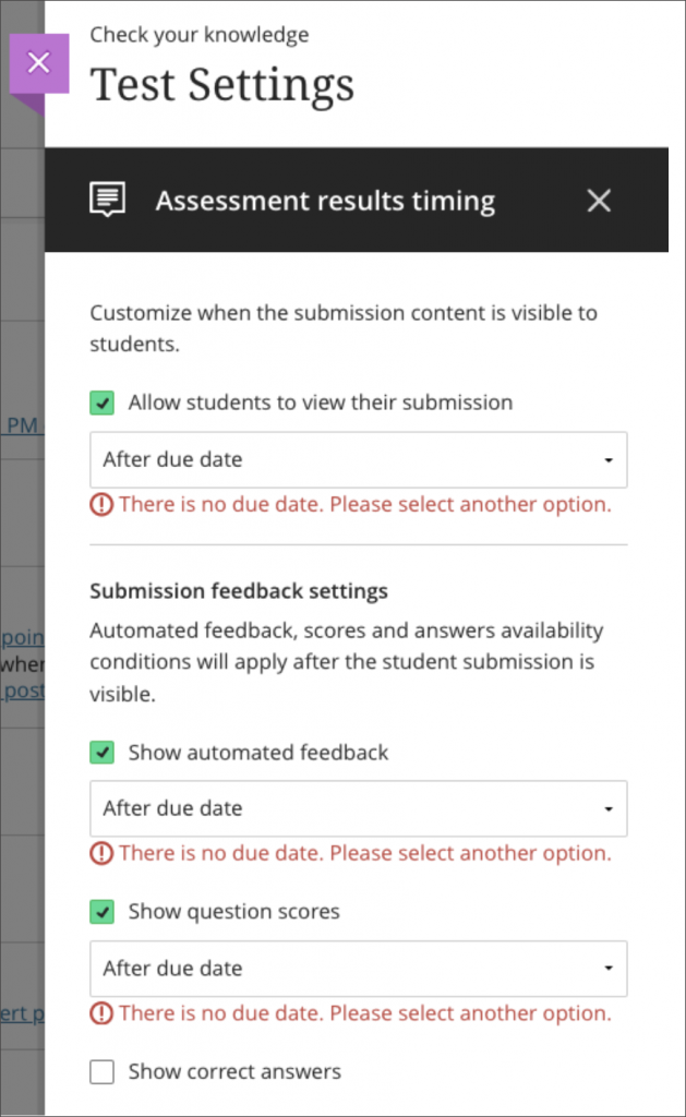 Assessment results timing options when there is no due date