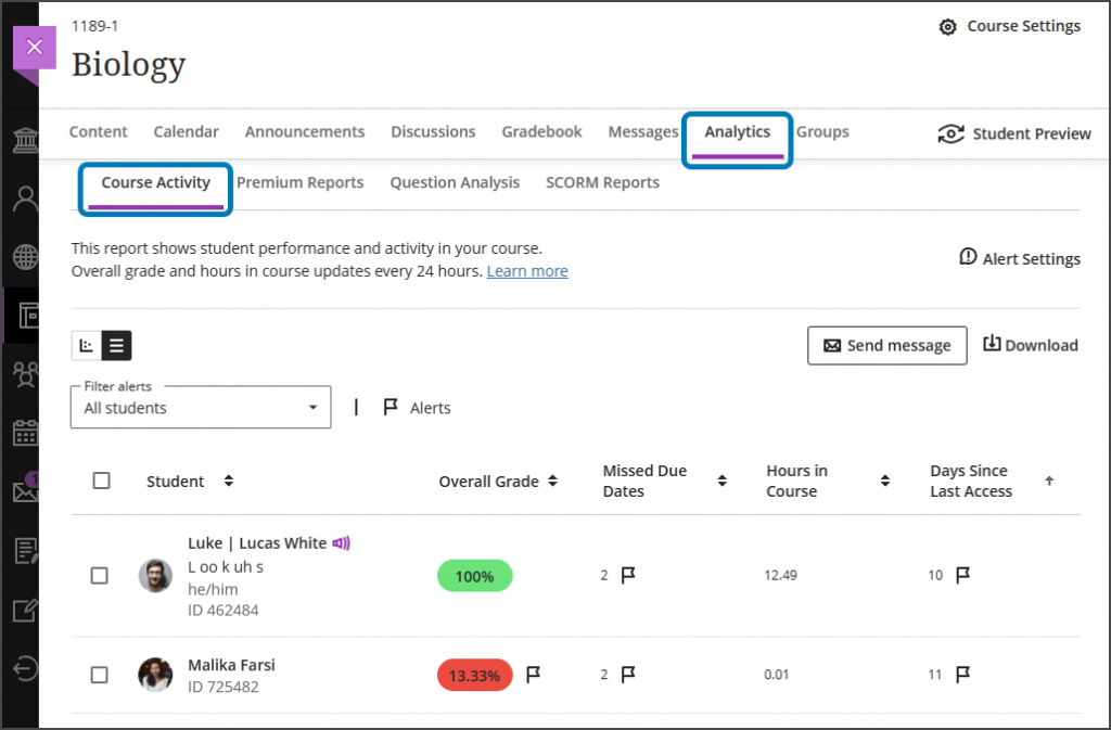 The table view of the Course Activity report on the Analytics tab, with a blue box around Analytics and Course Activity.