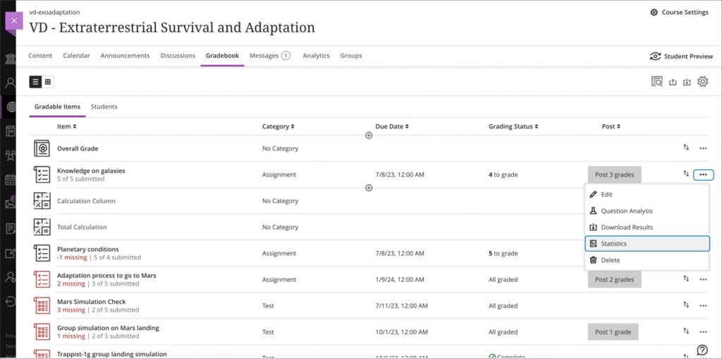 Access to item statistics from the Gradable Items view