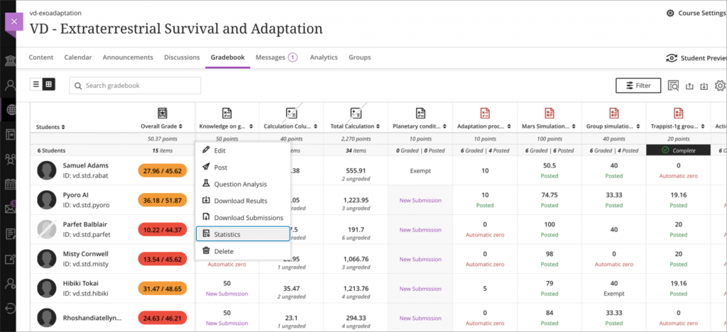 Access to item statistics from the grid view