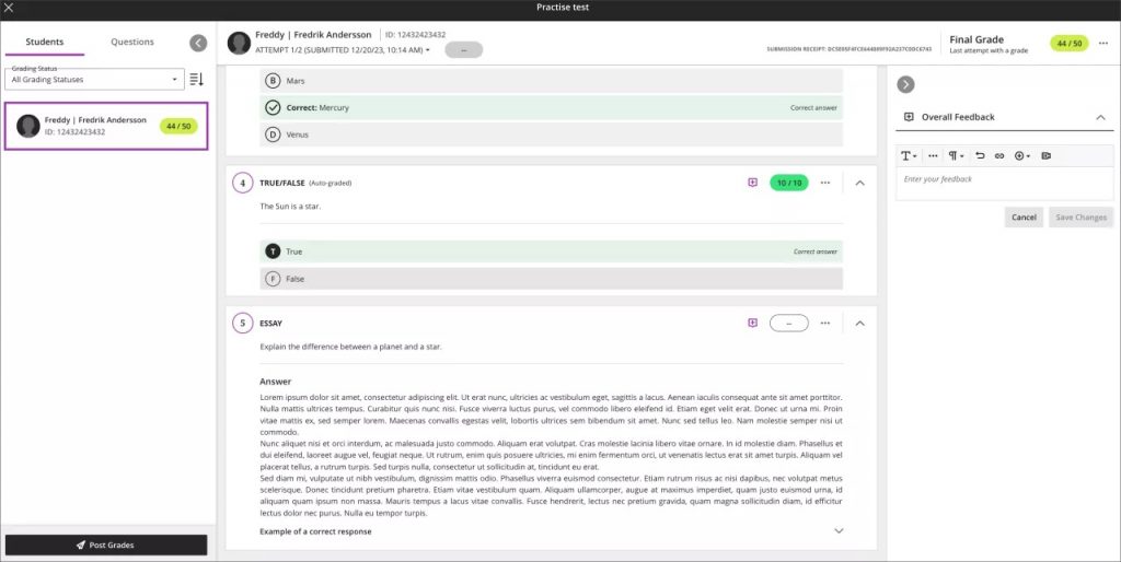 Instructor view of adding per question feedback 
