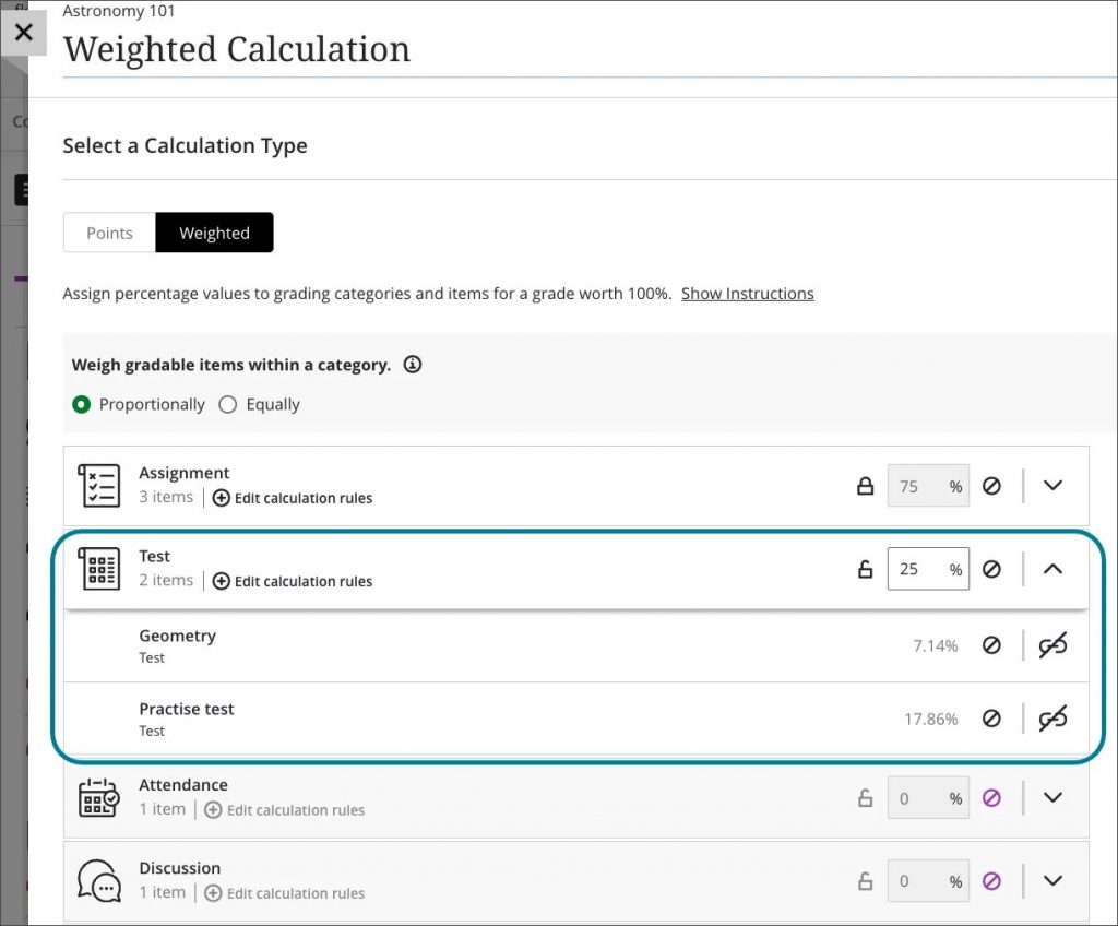  Instructor view of the new proportional weighted calculation option. Instructors can see what percentage each item in the category contributes to the overall category weighting.