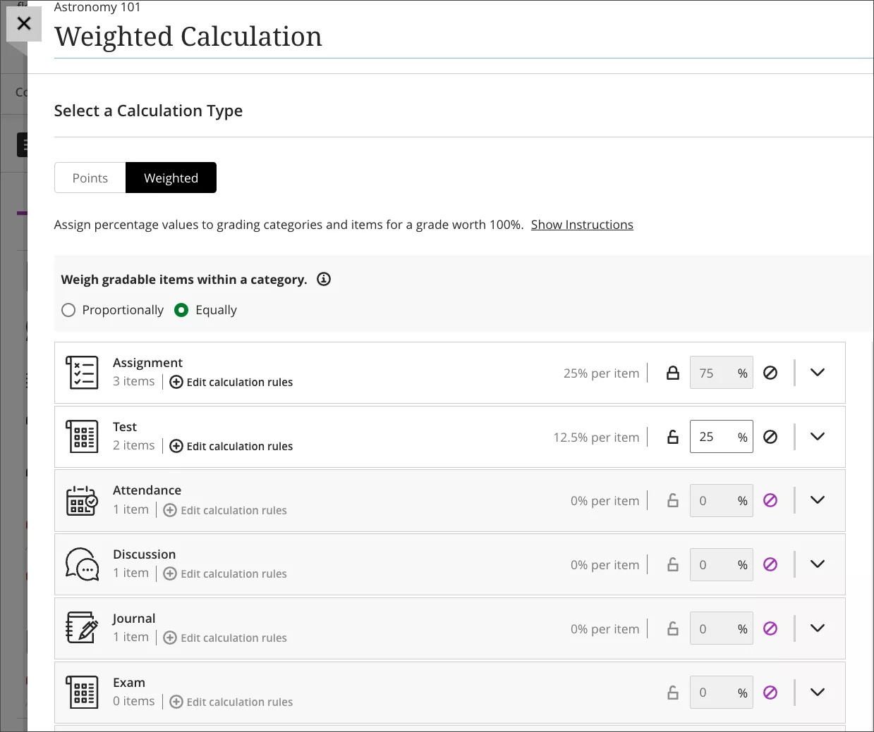  Instructor view of the equally weighted calculation option; Instructors are informed of the equal percentage that items count towards the overall category weighting.