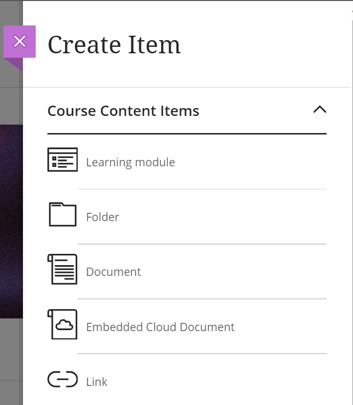 Screenshot of the Course Content Items Creation menu